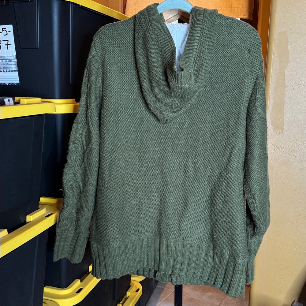 Sidefeel Hooded Cable Knit Cardigan Sherpa Lined Toggle Coat Green Size Large - Picture 11 of 14